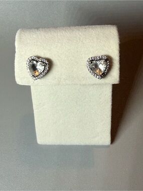 Macys Sterling Silver Heart Crystal Stud Earrings - Clear